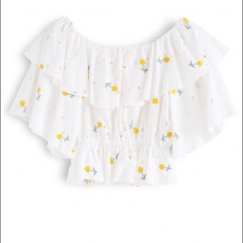 Embroidered Eyelet White Ruffle Ribbon-Tie Top - Picture 4 of 7